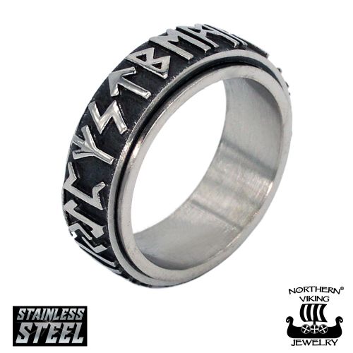 Sormus Northern Viking Jewelry Teräs Rune Spinner Ring.