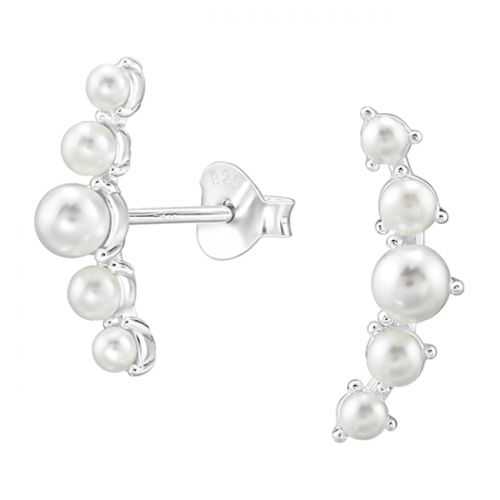 Pitkät Korvakorut Hopea Curved Ear Studs with Pearl.